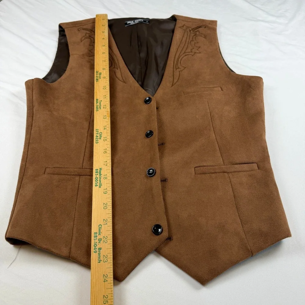 Paul Jones Mens Brown Faux Suede Western Vest Embroidered Cowboy Waistcoat Small